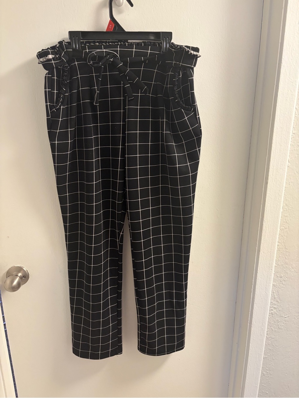 Soho Apparel Black Grid Paperbag Waist Straight-Leg Pants